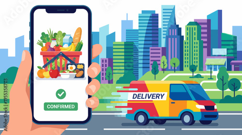 A mobile phone displays a confirmed grocery delivery with fresh fruits and vegetables, illustrating the convenience of modern online shopping and delivery services.