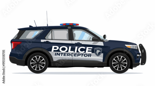 A detailed illustration of a police interceptor vehicle showcasing its design, colors, and purpose, representing law enforcement's commitment to community safety and order.