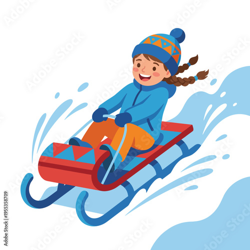 A delighted child is sledding down a snowy hill, surrounded by winter scenery, capturing the joy and excitement of outdoor winter activities and childhood adventures.