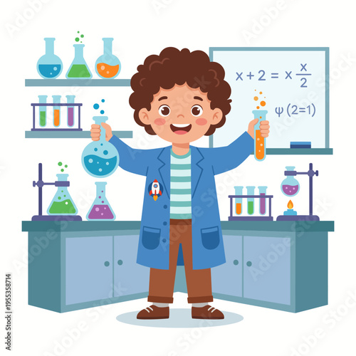 A joyful child in a lab coat holds colored liquids in a science lab, showcasing enthusiasm for learning and experimentation in a creative educational environment.
