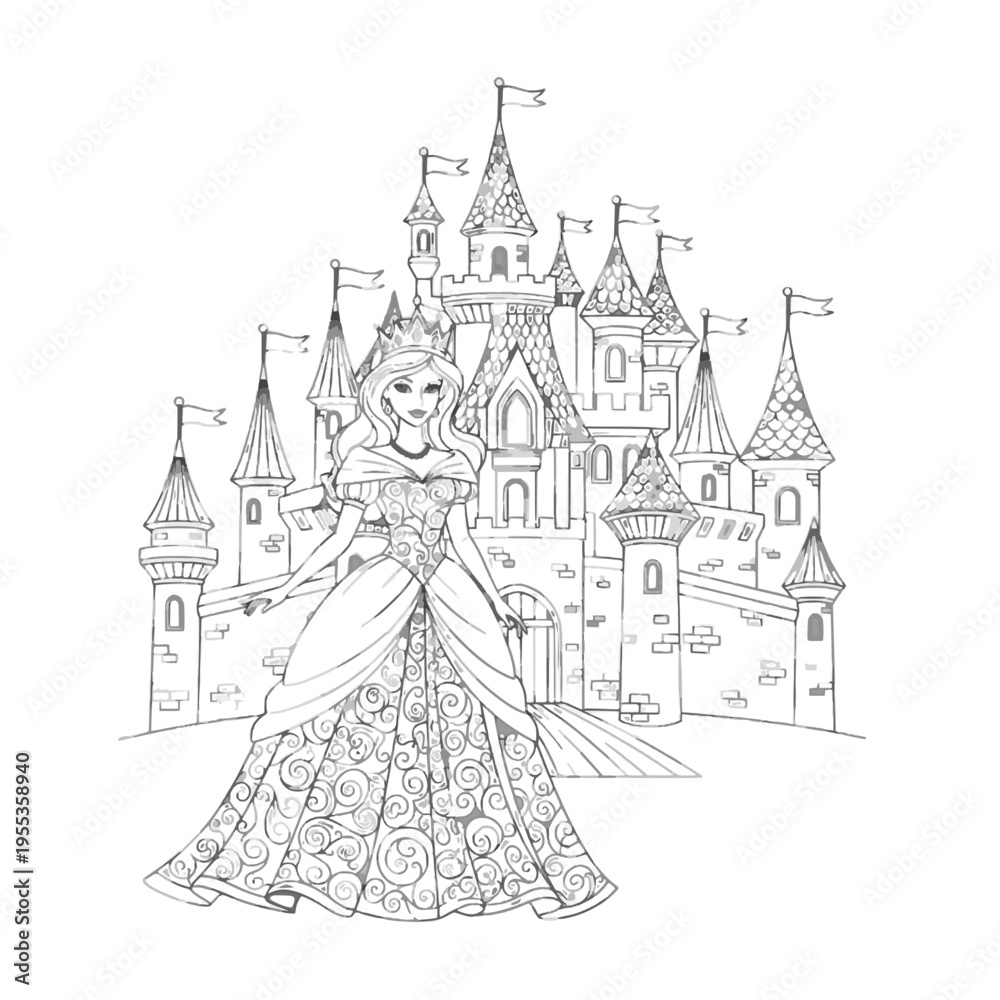 Obraz premium Elegant princess in a gown posing in front of a fairytale castle illustration isolated on transparent background