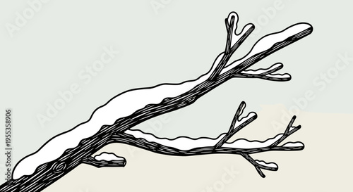 Illustration of a frozen branch covered in snow with a minimalist background, showcasing detailed line art and a serene winter atmosphere