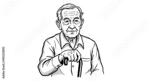 Illustration of an elderly man with a cane, wearing a buttoned shirt, depicted in a detailed black and white sketch with a plain white background