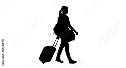 Silhouette of a woman walking with luggage on a white background, capturing a sense of travel and movement