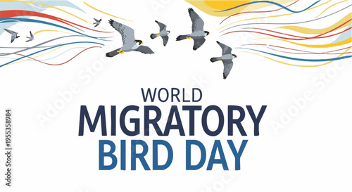 Flock of birds in flight colorful abstract lines World Migratory Bird Day awareness campaign for environmental conservation