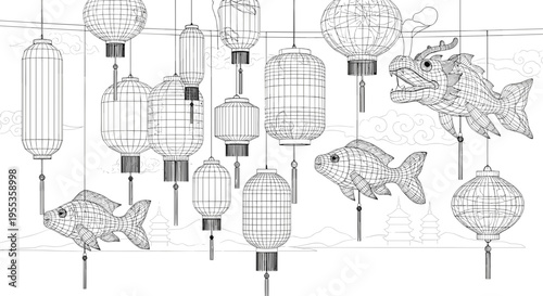 Intricate black and white illustration of a lantern festival display featuring ornate fish-shaped lanterns and traditional cylindrical designs, suspended in mid-air
