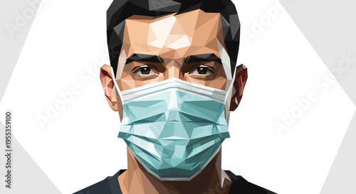 Polygonal illustration of a man wearing a blue surgical mask, featuring geometric shapes and a minimalist white background