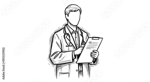 Illustration of a doctor holding a clipboard, sketched in black and white, with a stethoscope around the neck, symbolizing medical professionalism and focus
