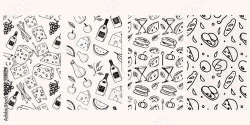 Hand drawn pattern featuring various food and drink items in black ink