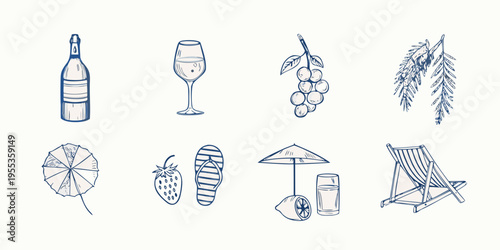 Summer vacation themed sketches drinks fruit beach accessories and more