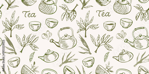 Delicate sketch pattern featuring teapots cups and tea leaves