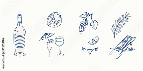 A summer collection of hand drawn beach and drink illustrations