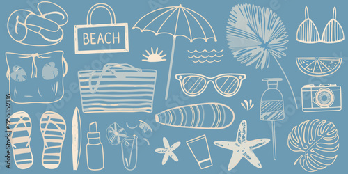 Summer vacation themed doodles beach items and tropical elements