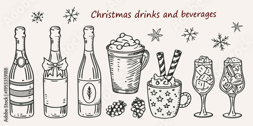 Festive christmas drinks and beverages illustrated in a hand drawn style