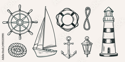 Nautical themed sketch featuring a ship s wheel sailboat and lighthouse