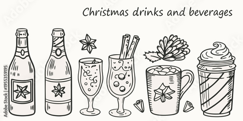 Hand drawn illustration of christmas drinks and festive beverages