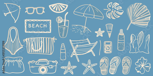 Summer vacation doodles featuring beach essentials and tropical elements