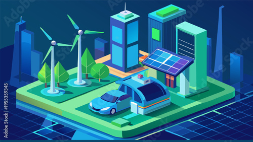  Isometric smart city with electric vehicle charging station, solar panels and wind turbines, sustainable renewable energy concept vector illustration.