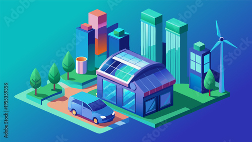 Isometric vector illustration of a modern sustainable Green City with smart city features, including Skyline, Elevated Metro, Wind Turbines, and Eco-Friendly Urban Design.