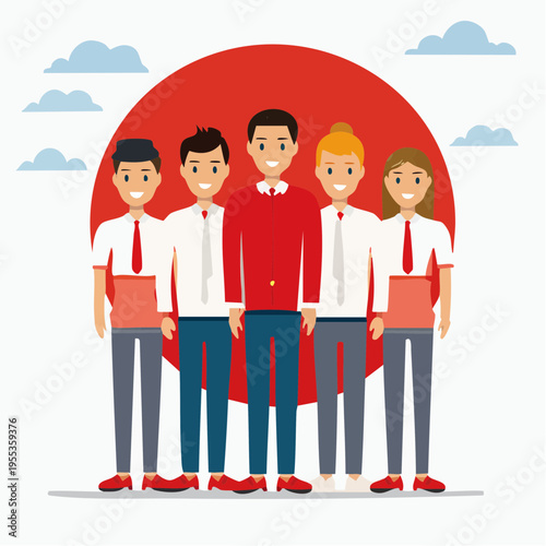 A group of people stand together with one wearing a red superhero cape outdoors.