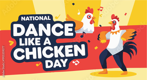 Cartoon chickens dancing on yellow background in playful colorful illustration for National Dance Like a Chicken Day