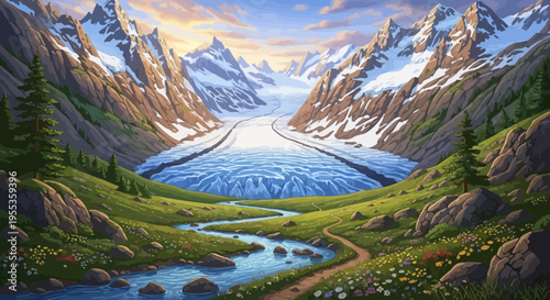 Stunning Alpine Glacier Valley with Flowing Stream and Wildflower Meadow