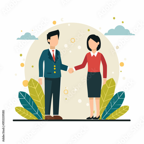 Two business professionals shaking hands in a formal agreement outdoors