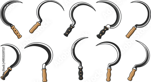 Sickle farming tools collection with curved blades and wooden handles vector illustration