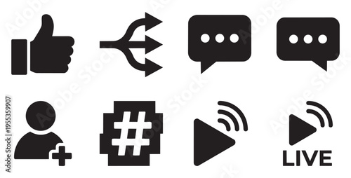 Set of social media engagement solid icons like share chat hashtag live