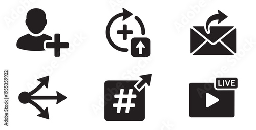 Collection of social media sharing and engagement icons add user share email