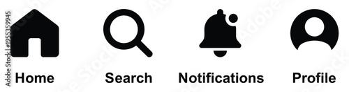 Set of basic navigation UI icons home search notification profile vector collection