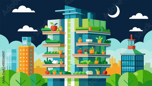 Sustainable green skyscraper with vertical gardens and urban farming at night, modern eco-friendly apartment building under crescent moon, flat vector illustration of smart city architecture.