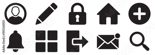 Bundle of essential UI navigation solid icons user edit lock home search