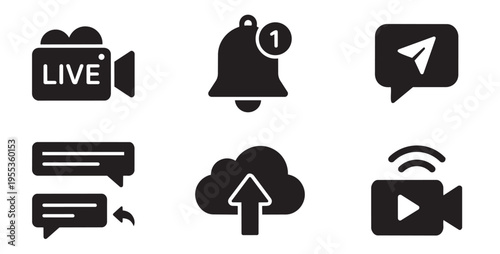 Collection of live streaming and messaging solid icons video notification chat cloud