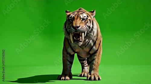 Close up shot of a ferocious extinct saber-toothed tiger on a green screen background, showcasing a powerful prehistoric animal