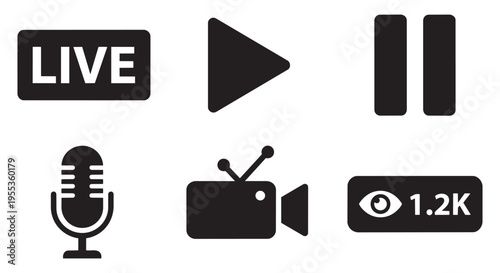 Set of live streaming media player solid icons play pause microphone video