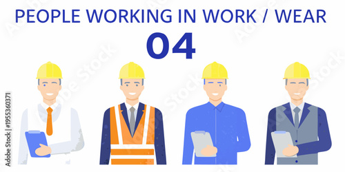 Four construction workers in various outfits and safety helmets shown