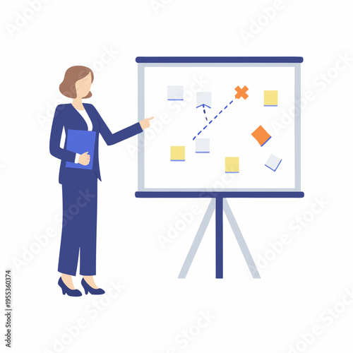 Businesswoman presenting a strategic plan with charts and diagrams on a whiteboard
