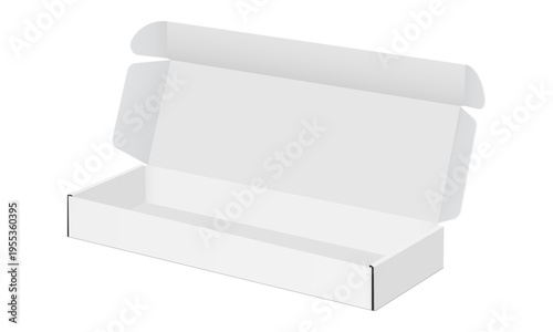 Wide open rectangular cardboard packaging box isolated on white background. Empty blank carton mockup for branding presentation and retail pack design