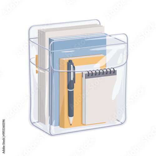 Transparent file pouch isolated on white background containing stationery items like notebooks and a pen, showcasing organizational tools