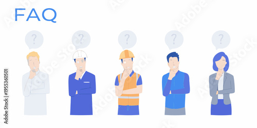 Diverse group of people pondering questions representing an faq section