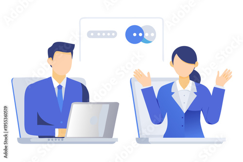 Virtual meeting between two professionals using laptops and communication icons