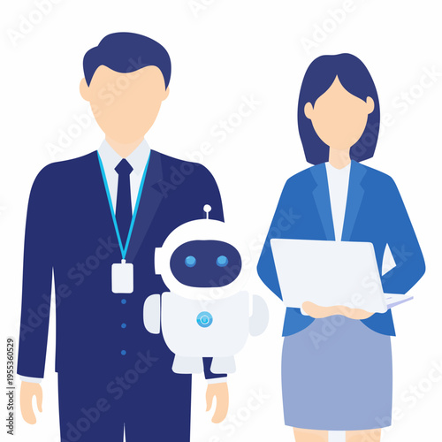 A man woman and robot stand together in a professional setting