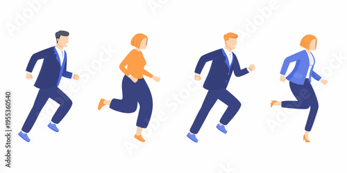 Isometric illustration of four business people actively running forward