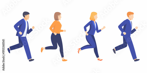 Four business professionals are depicted running forward in a dynamic illustration