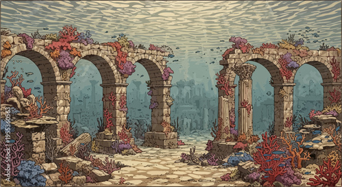 Underwater Ruins with Ancient Stone Arches and Vibrant Coral Reef