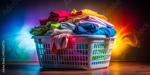 Rainbow Laundry: Colorful Clothes in White Basket, Low Light Photography, Diversity, Happiness