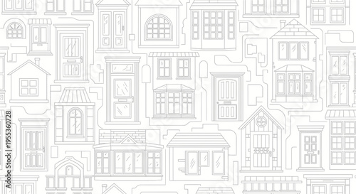 Seamless Pattern of Hand Drawn House Facades and Architectural Elements