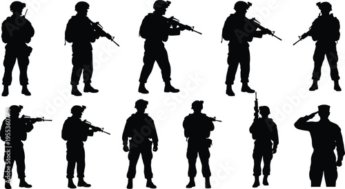 Silhouette of soldiers in various poses isolated on transparent background