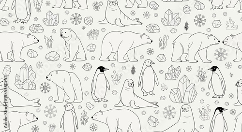 Seamless Pattern of Hand-Drawn Polar Animals and Ice Crystals